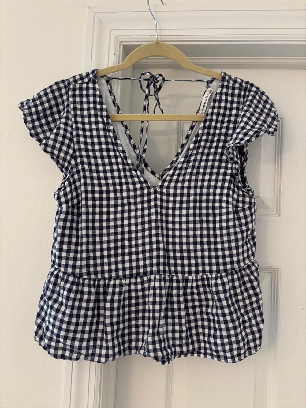 Abercrombie & Fitch Navy & White Gingham Peplum V-Neck Tie-Back Top